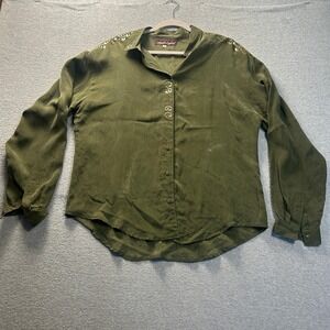 Alexander Campbell Button Front Blouse‎ Womens 14 Olive Green Beaded Shoulders